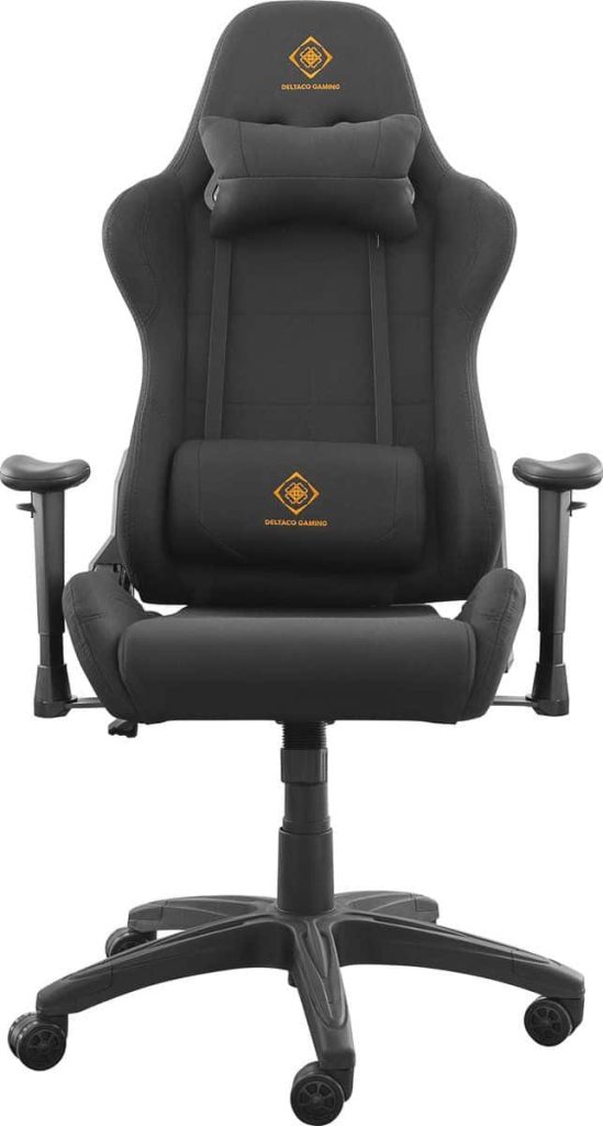 Deltaco Gaming chair ergonomic racing design black chair with orange branding for gamers Wallpaper
