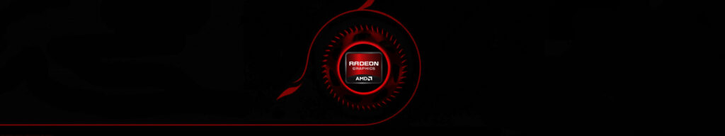 Dual monitor 4K wallpaper AMD Radeon graphics red accents black background high performance setup