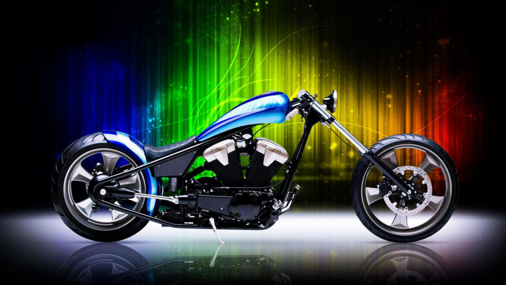 Vibrant Electric Blue Chopper Motorcycle Wallpaper with Neon Glow