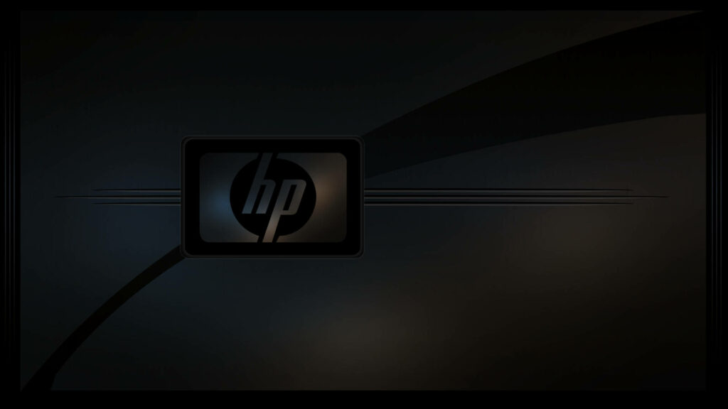 Sleek HP Laptop Logo in Contrasting Black Matte Finish, Set against a Minimalist Framed Background with Symmetrical Lines Wallpaper