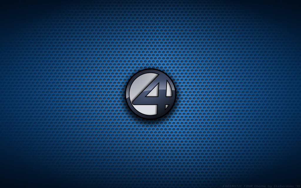 Metallic silver Fantastic Four logo on dark blue mesh background with spotlight vignette wallpaper