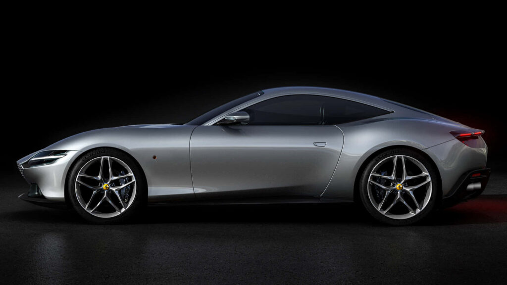 Sleek Silver Ferrari Roma Dark Black Background Wallpaper