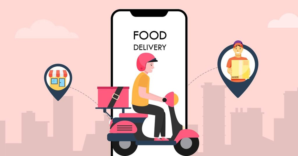 Food delivery app wallpaper with scooter courier and map pins in soft pink vector design