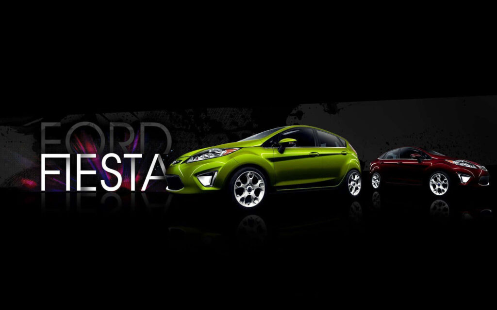 Two vibrant Ford Fiesta cars on dark modern wallpaper showcasing sleek stylish car design