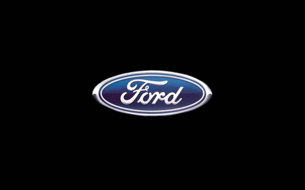Ford logo wallpaper chrome script blue oval on sleek black background automotive desktop