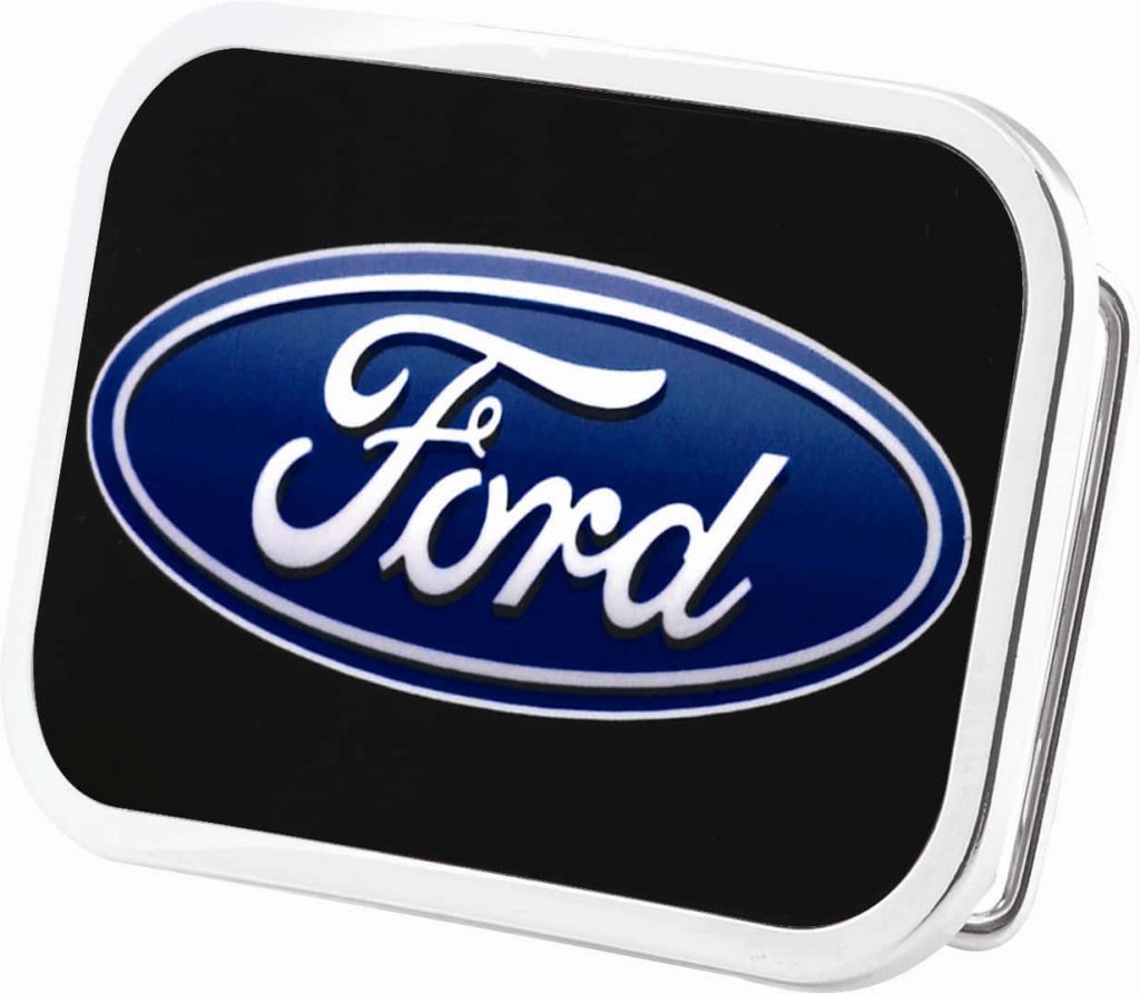 Ford logo wallpaper with white script blue oval on black plate silver frame metallic design