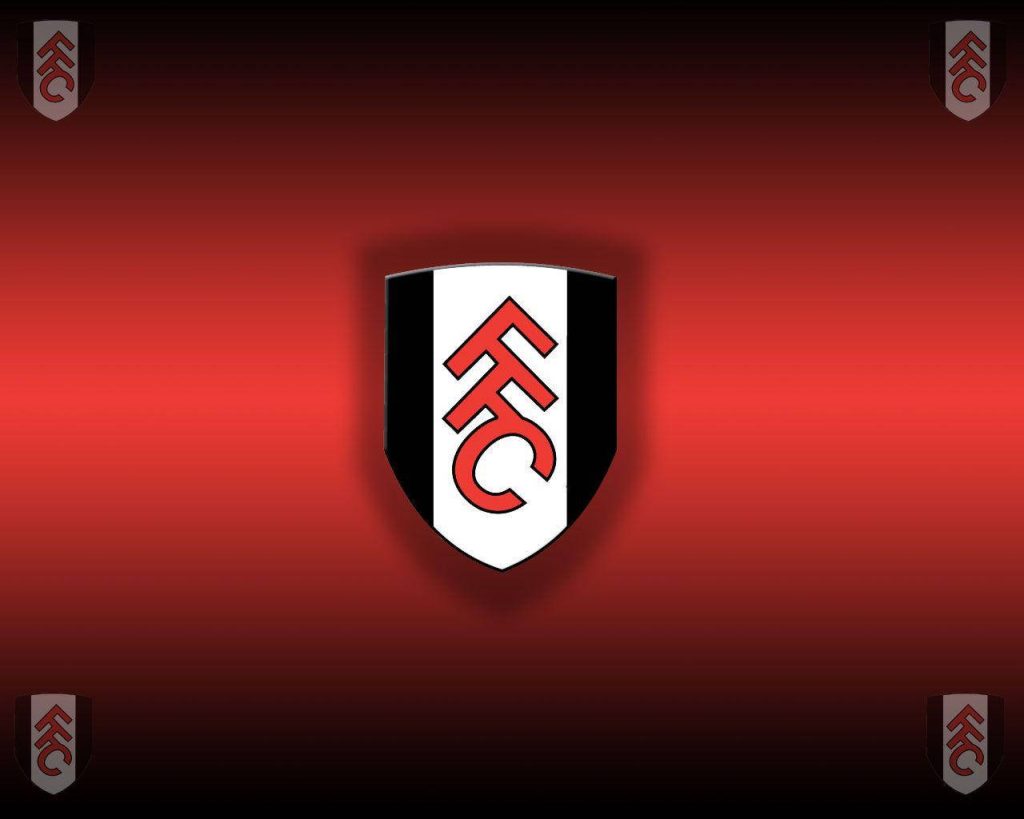 Fulham FC wallpaper with central club crest and four logos on vibrant red gradient background