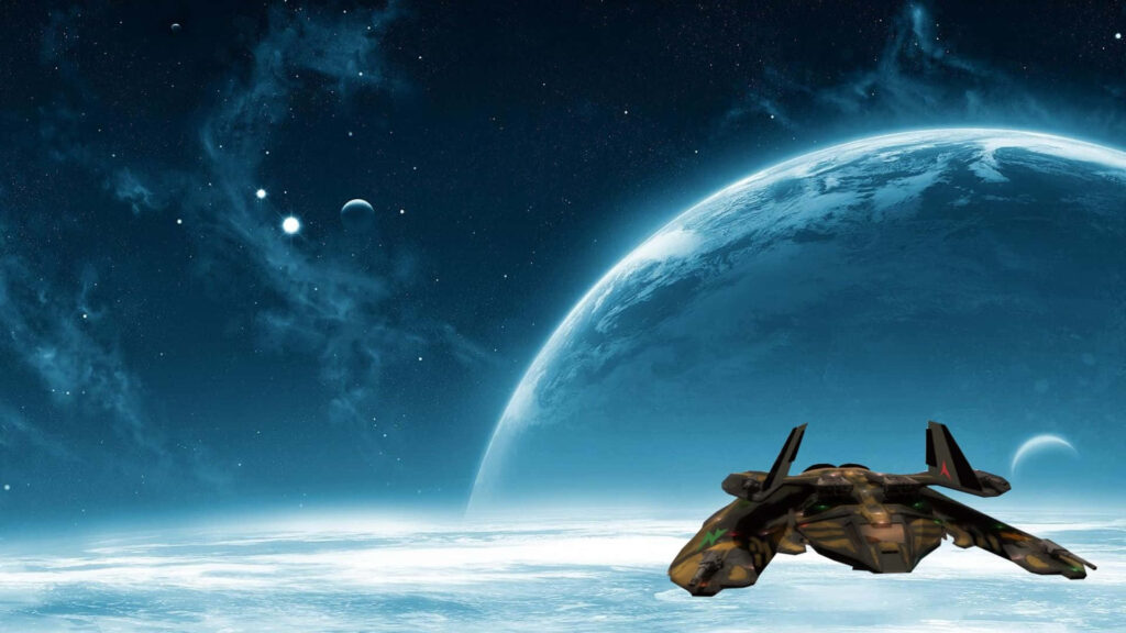 Futuristic Spaceship Over Icy Planet: Stunning Wallpaper Background