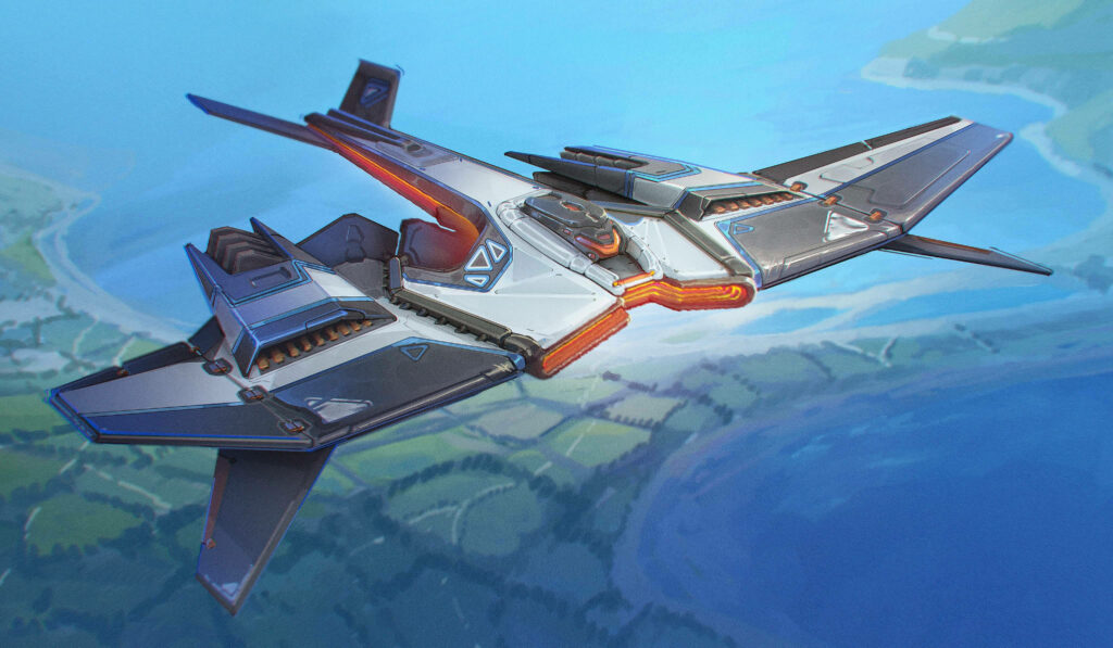 Futuristic Spaceship in Flight: Metallic Panels & Serene Landscape Wallpaper