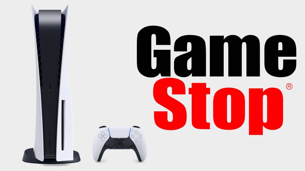 GameStop PlayStation 5 wallpaper with studio-lit PS5 console white DualSense controller on white background