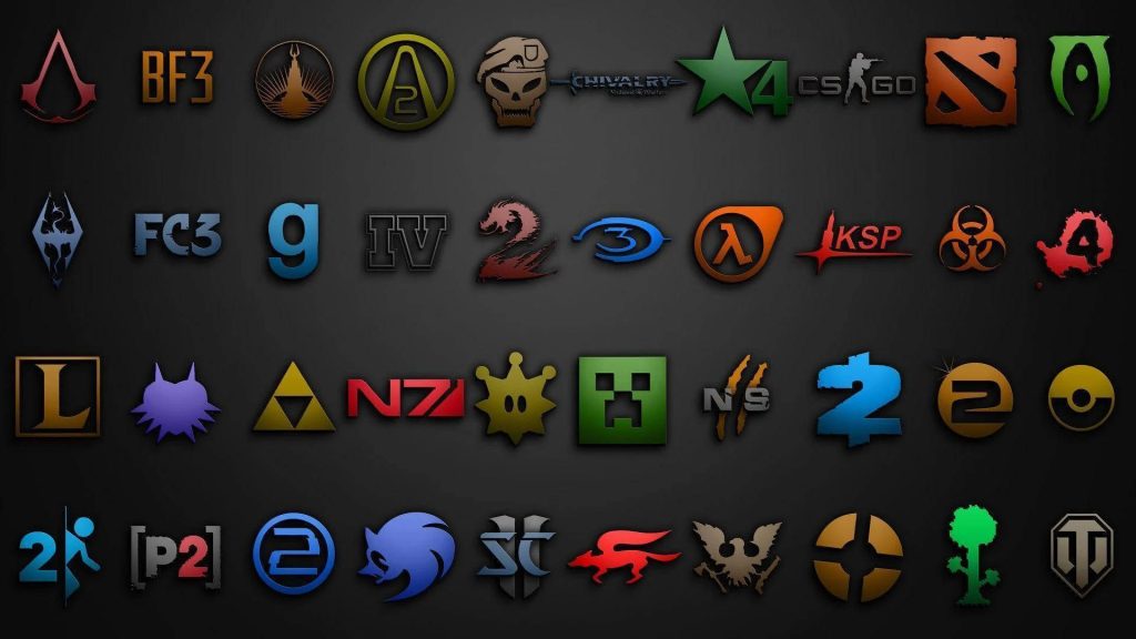 Gamer logo wallpaper with Minecraft Portal Dota 2 icons on dark matte background for screens