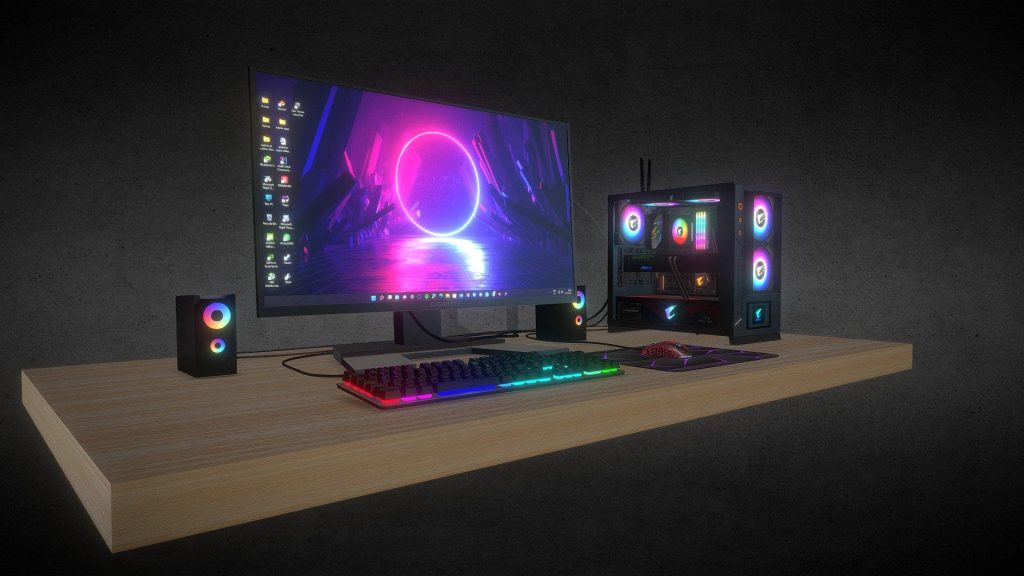 Sleek gaming room wallpaper with Gigabyte monitor neon visuals RGB AORUS PC mechanical keyboard
