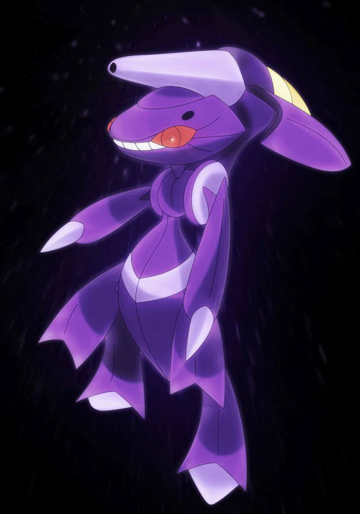 Genesect digital wallpaper featuring purple robotic armor red eyes black background fan art