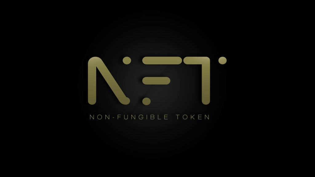 Gold NFT logo with Non Fungible Token text on black modern digital wallpaper background