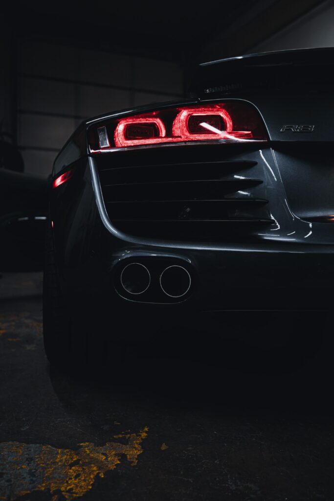 Stunning Gray Audi R8 Rear View: Sleek Design & Tail Lights Wallpaper