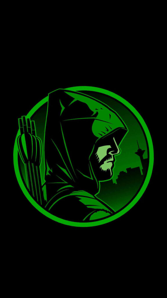 Minimalist Green Arrow iPhone Wallpaper: Bold Archer & Cityscape Design