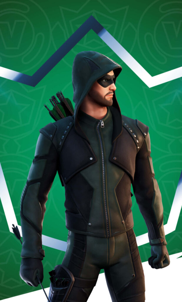 Sleek Green Hooded Hero with Bow - Geometric Background Wallpaper