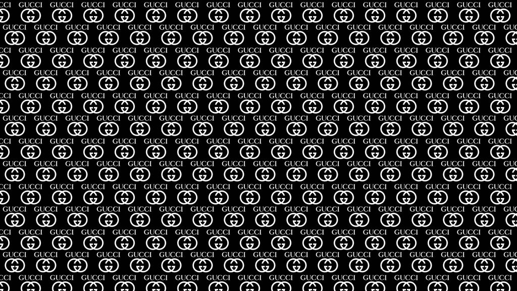 Sleek Gucci wallpaper with white interlocking G logo and GUCCI text on black luxury background