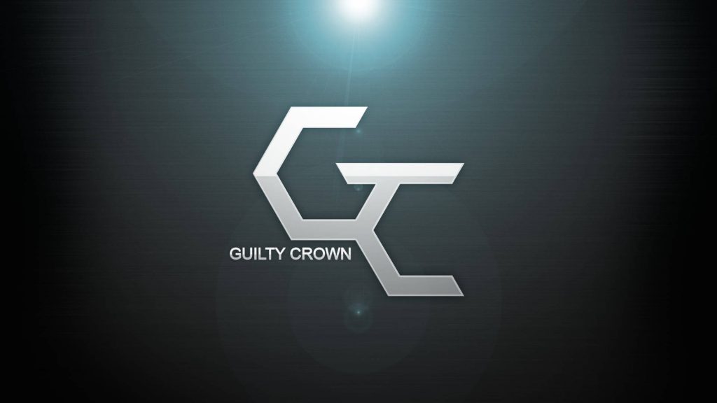 Guilty Crown logo wallpaper metallic silver GC monogram on dark brushed metal background flare