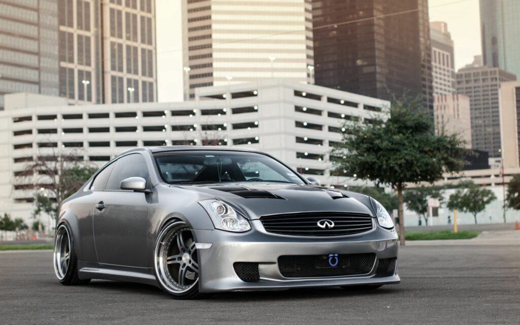 Sleek Infiniti G35 in Metallic Gray Against Urban Cityscape Wallpaper
