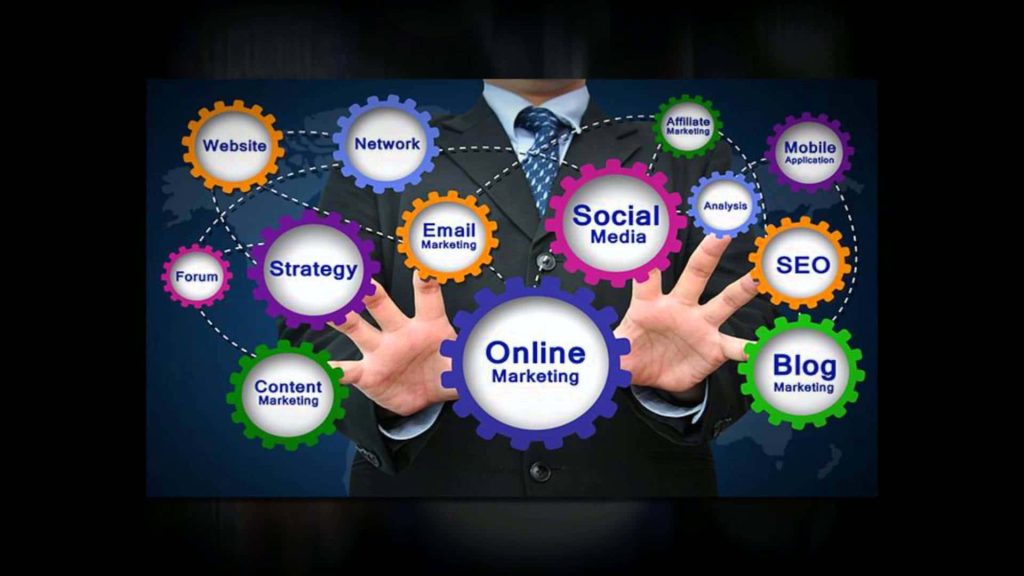 Business professional reaches toward vibrant digital marketing gears SEO social media wallpaper