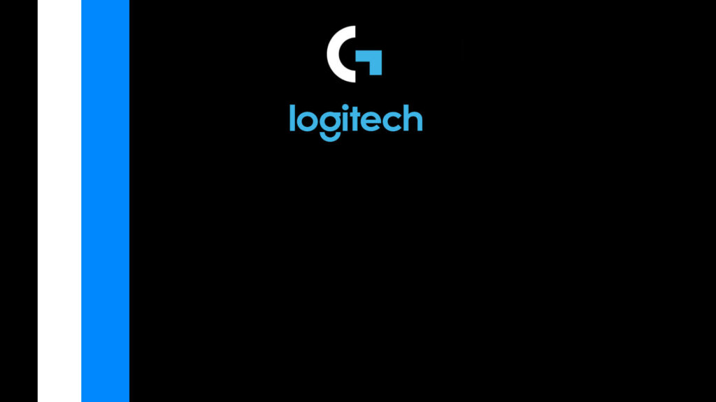 Logitech logo white blue centered black background with bold blue vertical stripes wallpaper