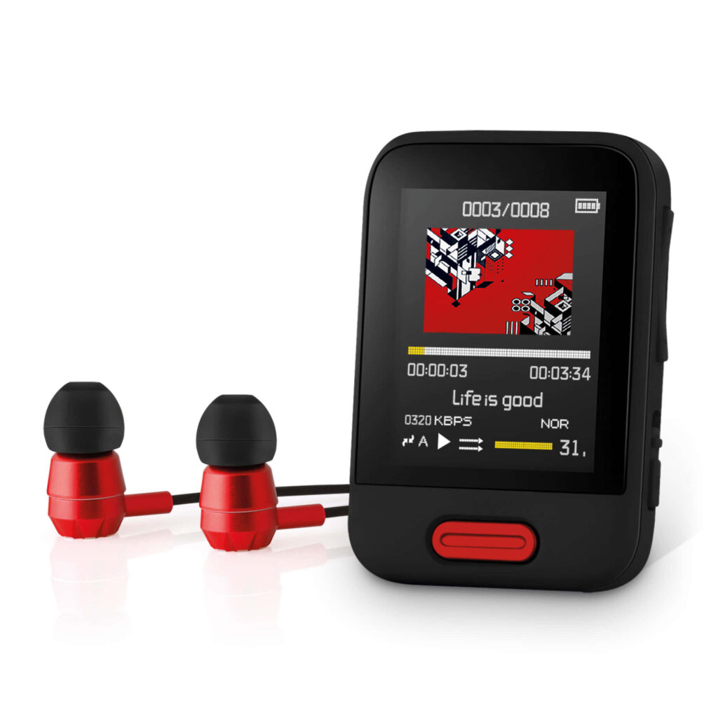 Modern MP3 Player & Stylish Red Earphones - Vibrant Music Experience Wallpaper