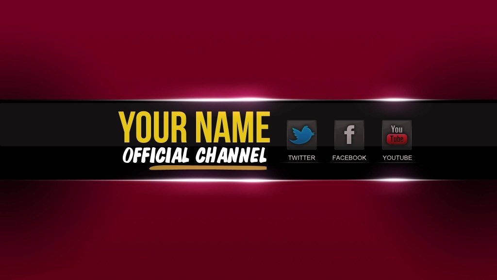 YouTube banner with maroon gradient and black strip featuring social icons and text placeholders Wallpaper