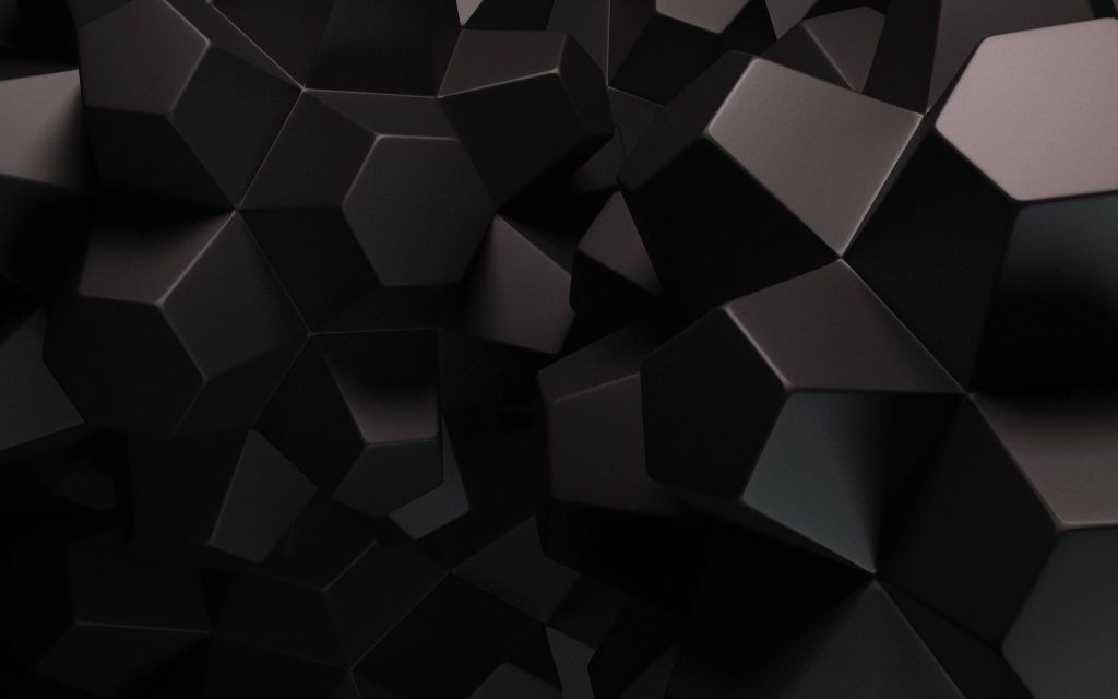 Matte black 4K wallpaper with abstract 3D geometric polyhedrons in a sleek minimalist design