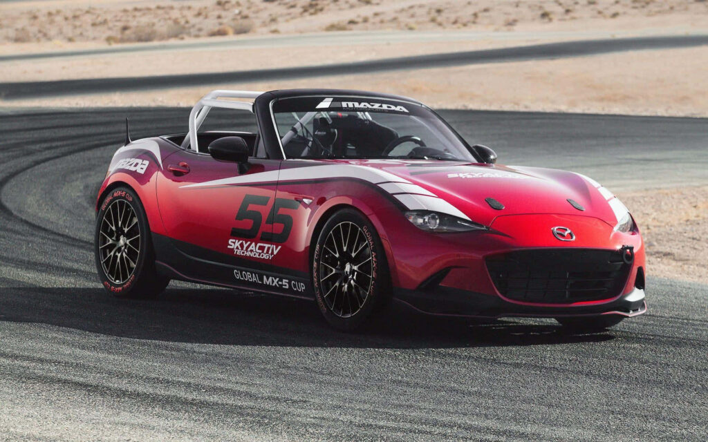 Sleek Mazda MX-5 Miata Racing Wallpaper with Bold Red Accents