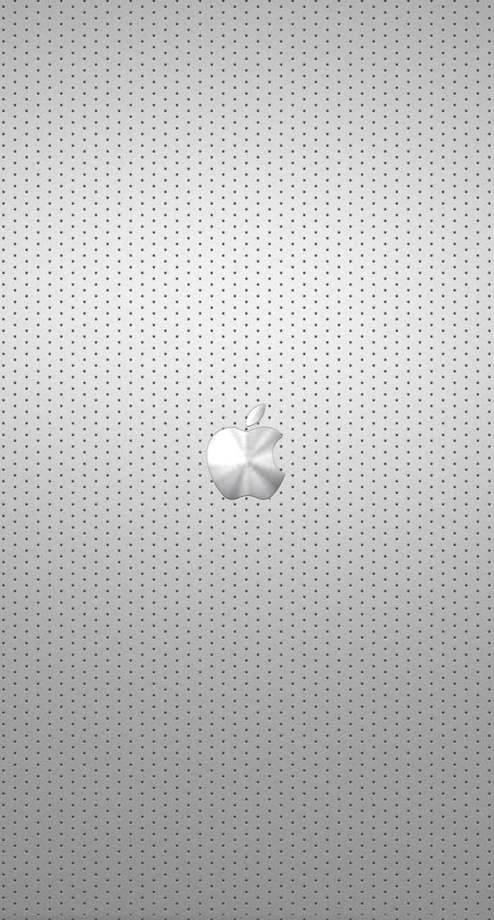 Minimalist iPhone wallpaper with polished metallic Apple logo on perforated silver steel texture