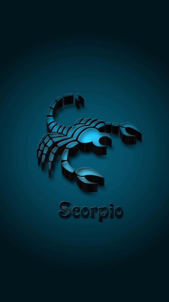 3D metallic blue Scorpio zodiac wallpaper on deep teal gradient background with bold typography