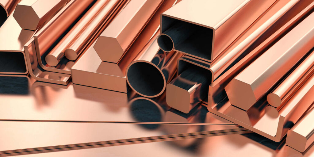 Metallic copper rods and geometric shapes wallpaper with polished reflective surfaces industrial style