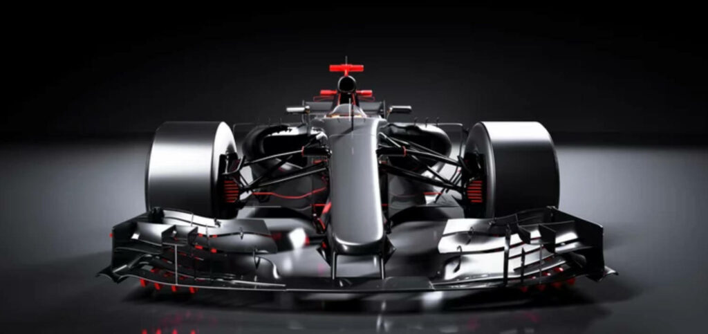 Sleek metallic Formula 1 car in 4K with aerodynamic design on dark minimalist wallpaper background