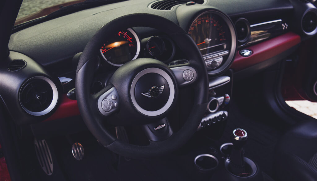 Stylish Mini Cooper Interior Wallpaper with Red Accents & Modern Design