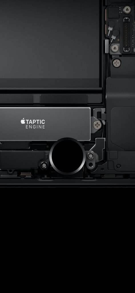 Dark iPhone wallpaper showing detailed internal Apple Taptic Engine in sleek industrial style
