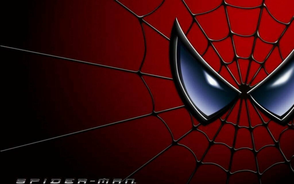 Minimal Spiderman wallpaper with bold eyes and iconic logo on deep red webbed background