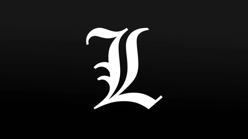 Minimalist Death Note L logo wallpaper on black background for fans of L Lawliet mystery aesthetic