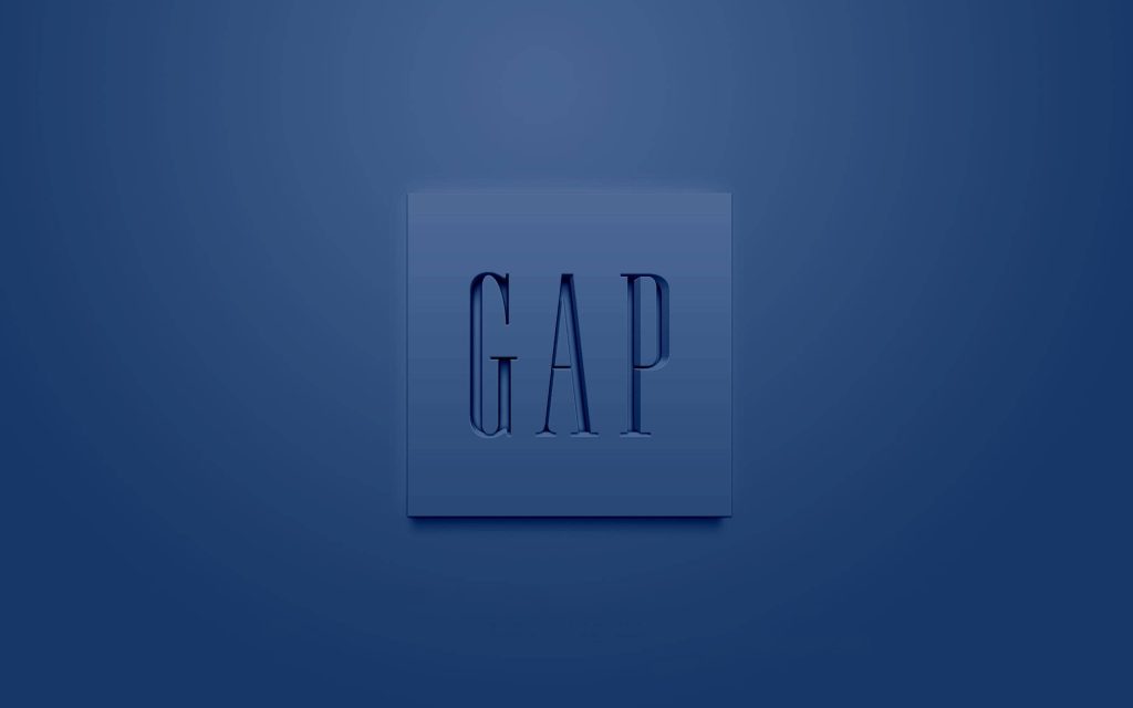 Sleek 3D CGI Gap logo embossed on deep blue minimalist wallpaper background for desktop
