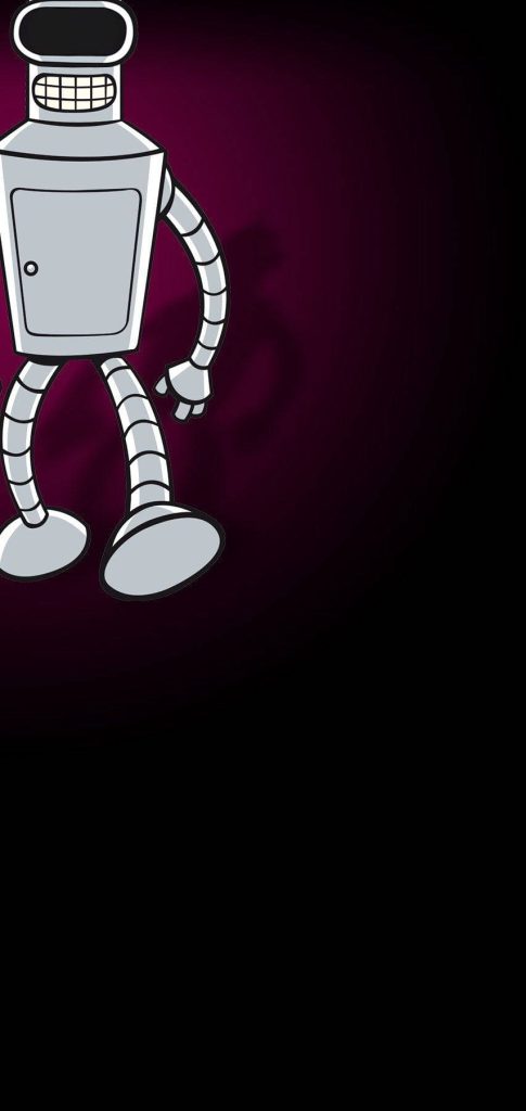 Minimalist silver robot wallpaper inspired by Bender Futurama on dark purple gradient background