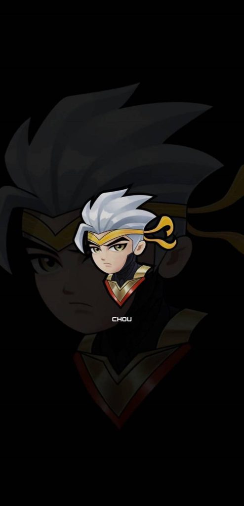 Chibi headshot of Mobile Legends hero Chou with silver hair and headband on black background Wallpaper