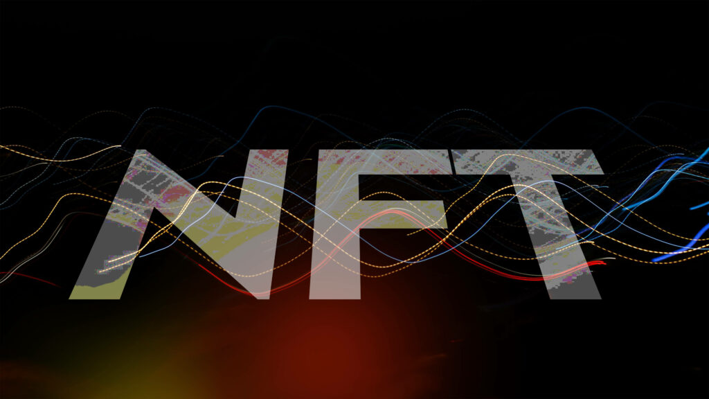 NFT digital wallpaper with colorful light trails on dark tech-inspired modern background