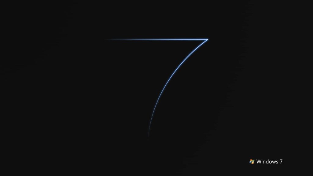 Minimalist neon blue number 7 on black background with official Windows 7 logo wallpaper