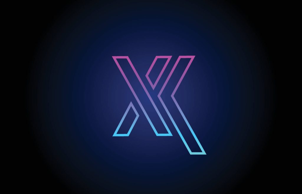 Deconstructed letter X wallpaper with neon pink to cyan gradient on dark vignette background