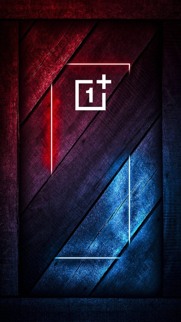 OnePlus Nord logo on dark diagonal wood background with red and blue neon AMOLED wallpaper