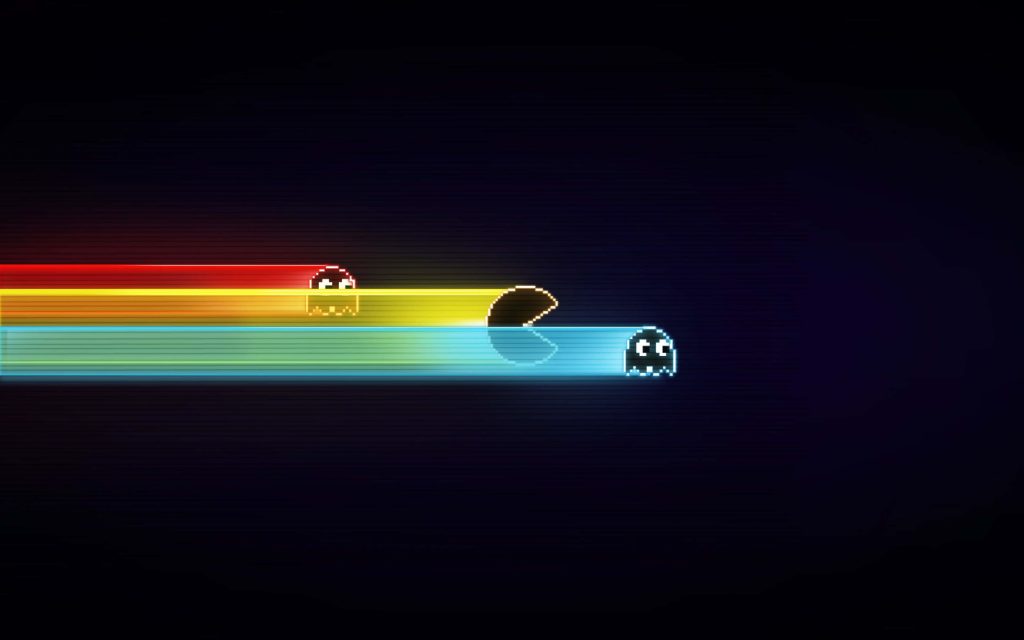 Pac Man pixel art wallpaper with neon red and blue ghost trails on a dark retro gaming background