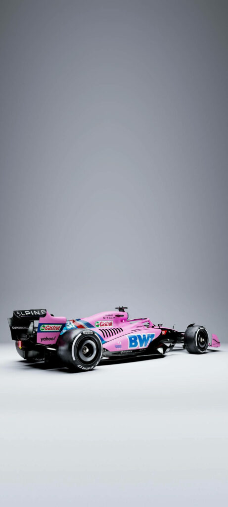 Sleek pink Alpine Formula 1 car side view aerodynamic design bold sponsor logos grey background Wallpaper
