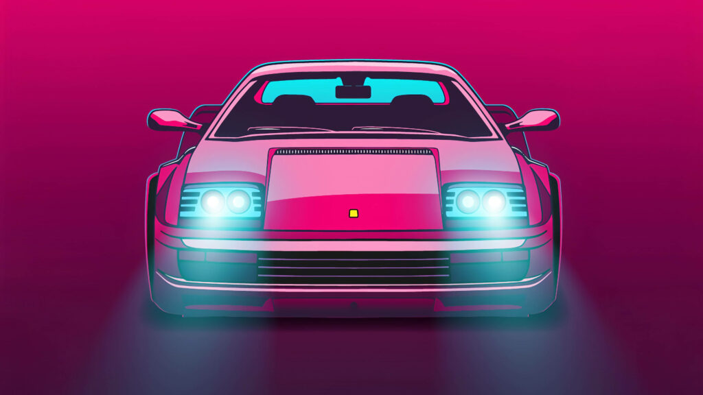 Sleek pink car with glowing headlights on vibrant gradient pink background 4k wallpaper