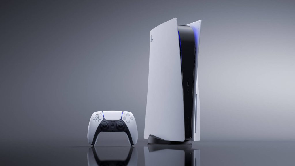 PlayStation 5 console and DualSense controller with blue lighting on grey background wallpaper