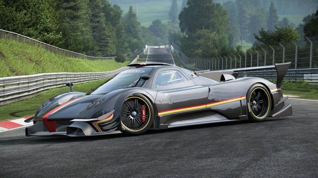 Sleek racing car speeding on winding track with aerodynamic design and green scenic background Wallpaper